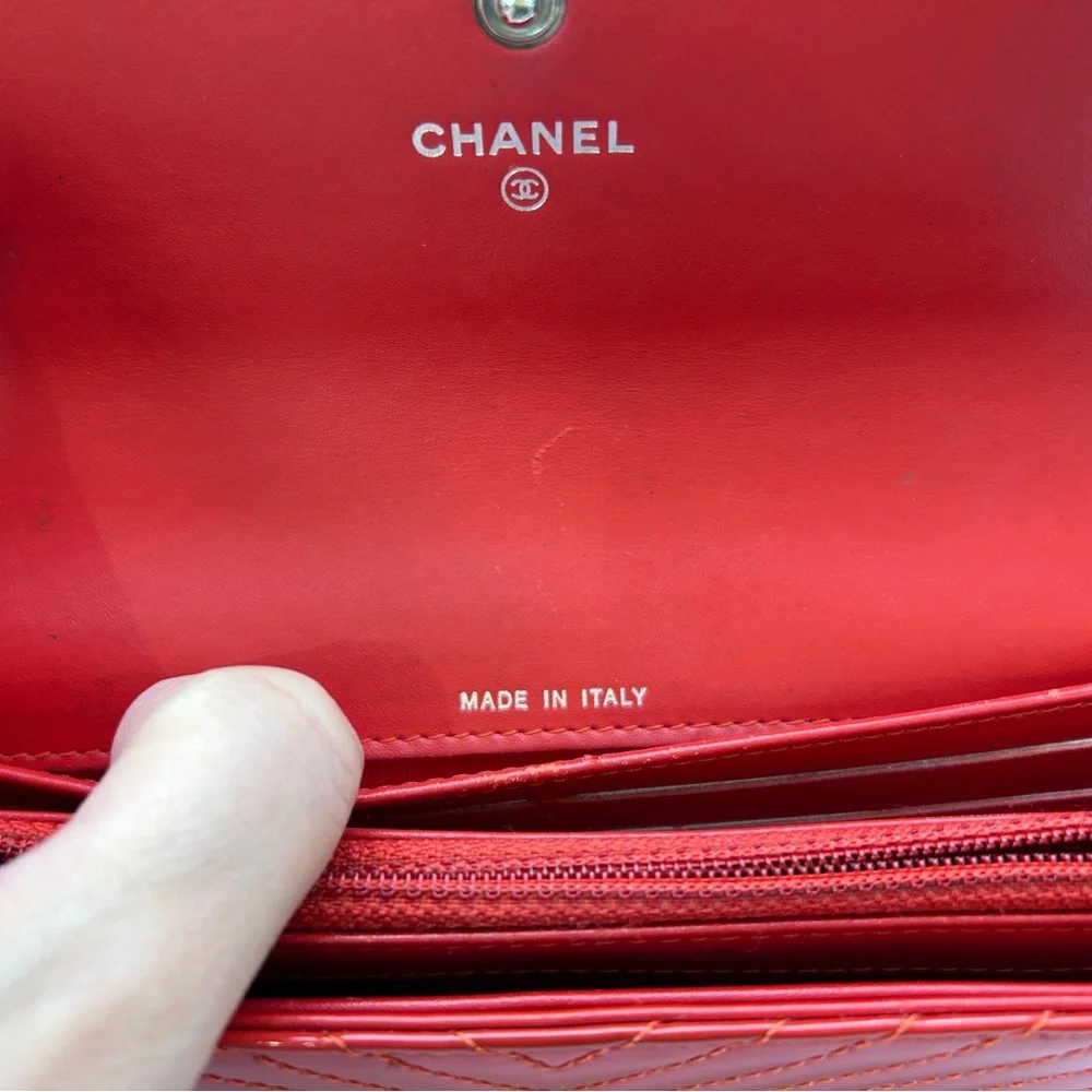 Chanel Long Wallet with COA , CC Logo, Chevron Paten Leather, Dust Bag & Box Red